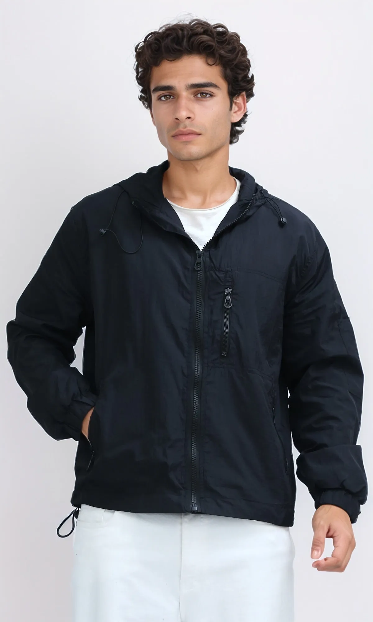O197937 - Regular Fit Full Zip Hooded Black Windbreaker Jacket
