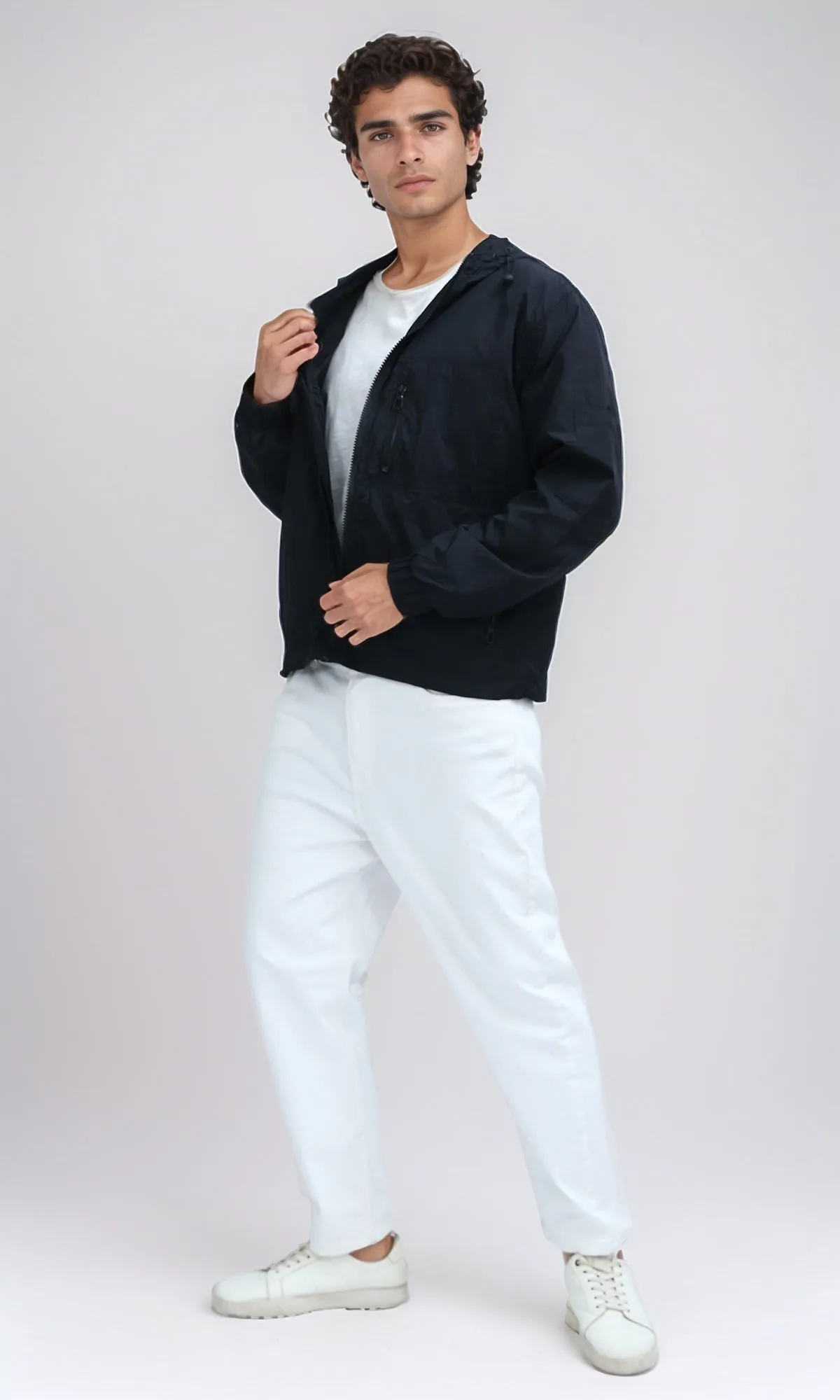 O197937 - Regular Fit Full Zip Hooded Black Windbreaker Jacket