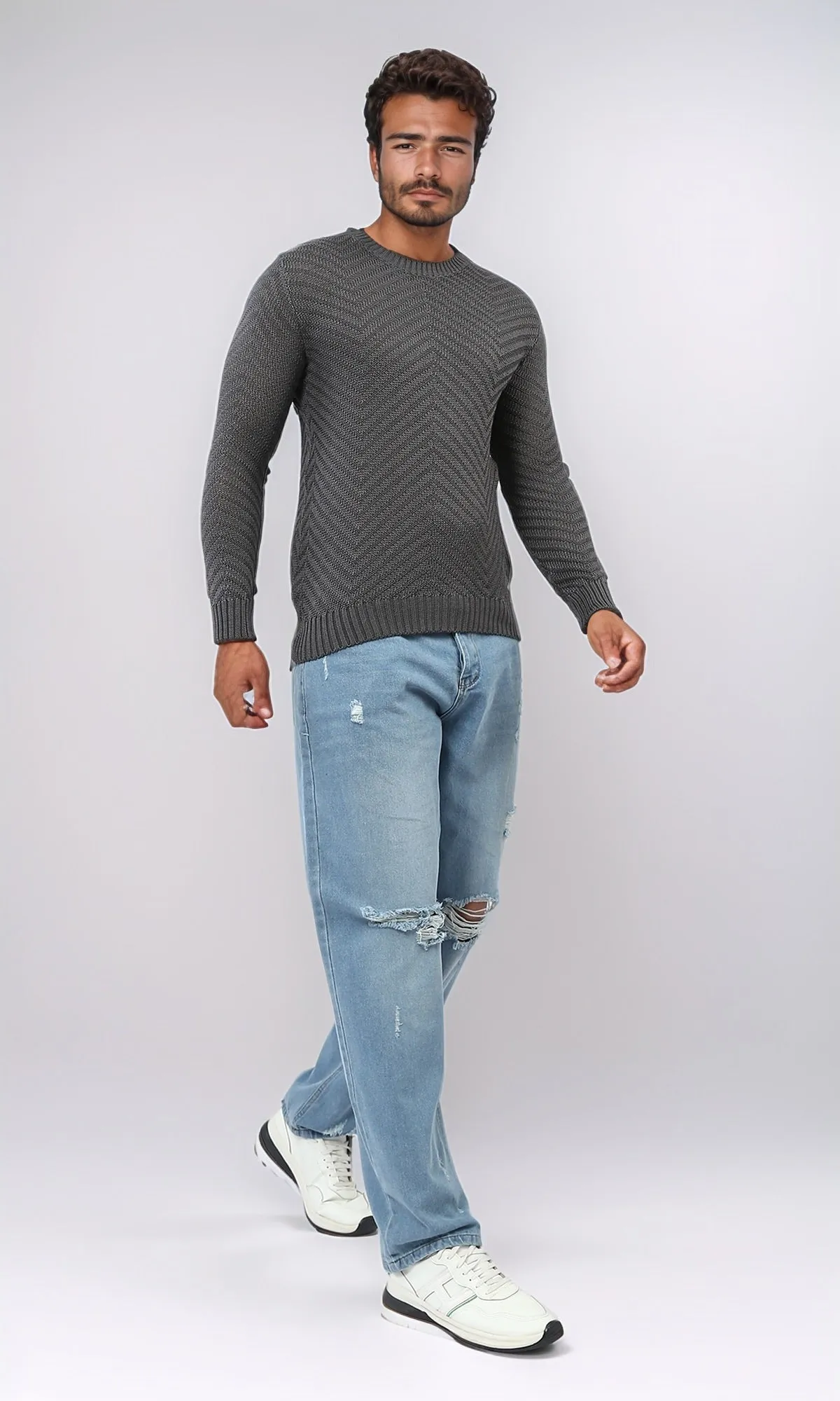 O198303 Ribbed Crew Neck Slip On Pullover - Dark Grey