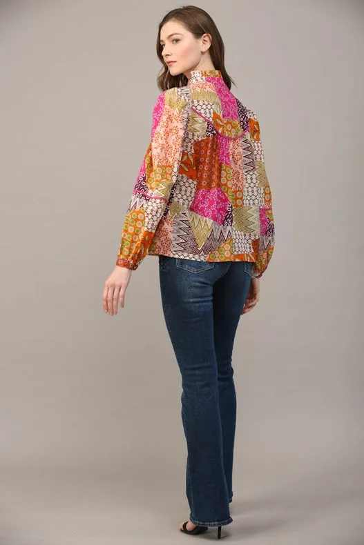 Patchwork Print Piping Detail Blouse