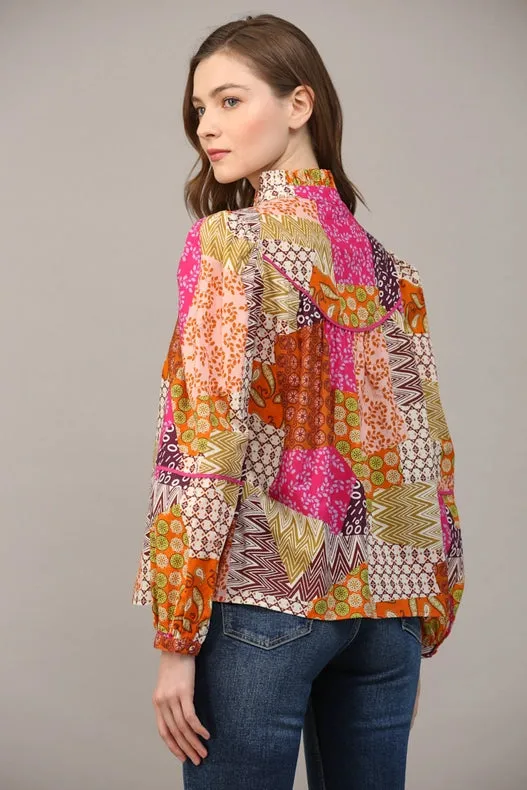 Patchwork Print Piping Detail Blouse