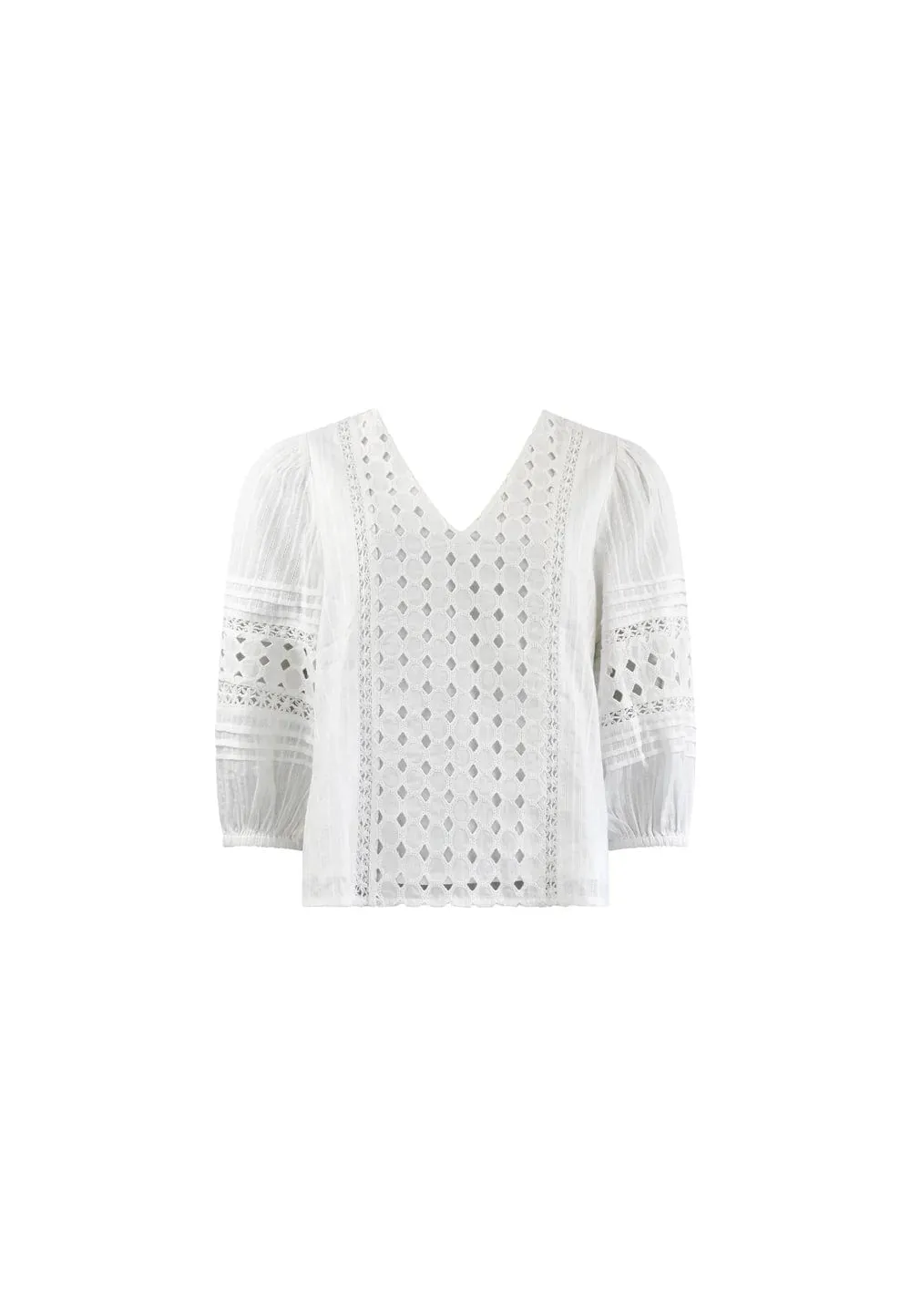 Ro&Zo White Broderie V Neck Top in White