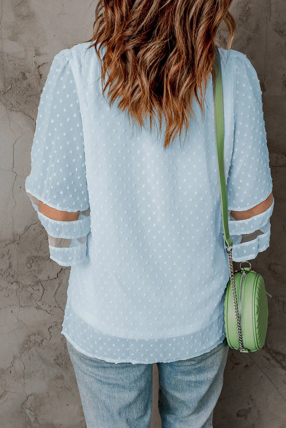 V Neck Mesh Stripes Kimono Sleeve Swiss Dot Blouse
