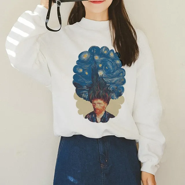 Van Gogh Funny Harajuku Vogue Hoodies Women Autumn Oil Print Warm Aesthetic Ullzang Sweatshirts 90s Van Gone Meme Hoody Female