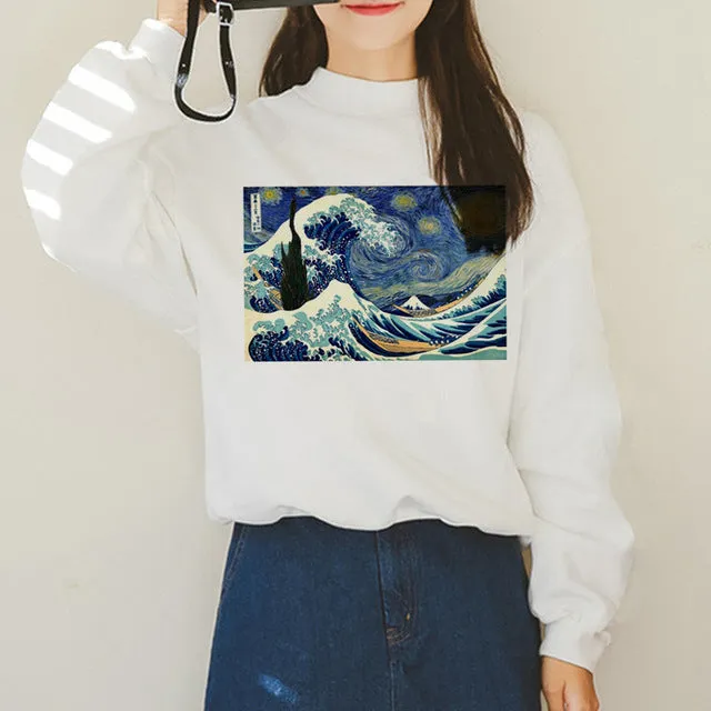 Van Gogh Funny Harajuku Vogue Hoodies Women Autumn Oil Print Warm Aesthetic Ullzang Sweatshirts 90s Van Gone Meme Hoody Female