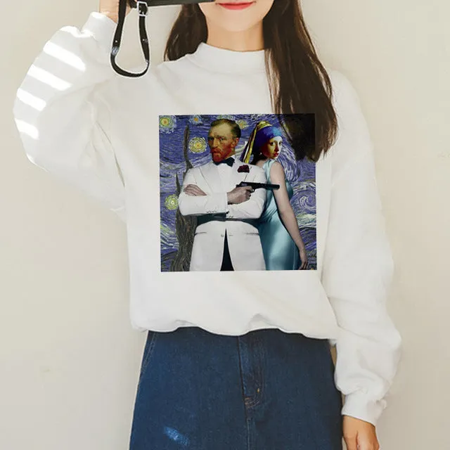 Van Gogh Funny Harajuku Vogue Hoodies Women Autumn Oil Print Warm Aesthetic Ullzang Sweatshirts 90s Van Gone Meme Hoody Female