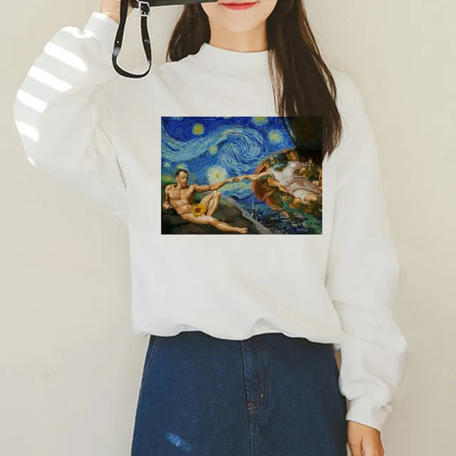 Van Gogh Funny Harajuku Vogue Hoodies Women Autumn Oil Print Warm Aesthetic Ullzang Sweatshirts 90s Van Gone Meme Hoody Female