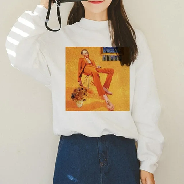 Van Gogh Funny Harajuku Vogue Hoodies Women Autumn Oil Print Warm Aesthetic Ullzang Sweatshirts 90s Van Gone Meme Hoody Female