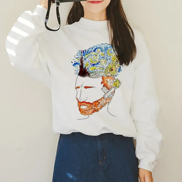 Van Gogh Funny Harajuku Vogue Hoodies Women Autumn Oil Print Warm Aesthetic Ullzang Sweatshirts 90s Van Gone Meme Hoody Female