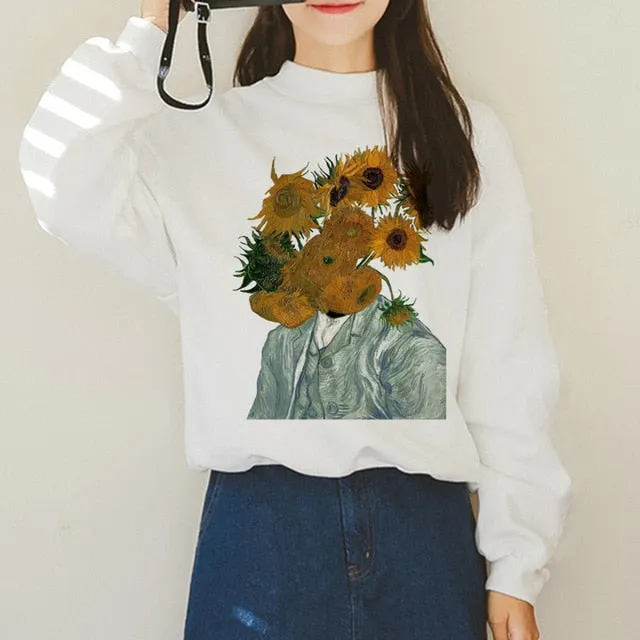 Van Gogh Funny Harajuku Vogue Hoodies Women Autumn Oil Print Warm Aesthetic Ullzang Sweatshirts 90s Van Gone Meme Hoody Female