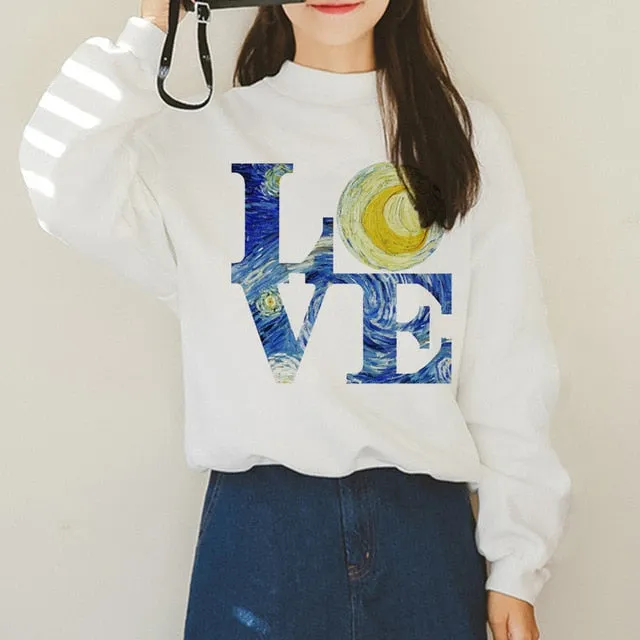 Van Gogh Funny Harajuku Vogue Hoodies Women Autumn Oil Print Warm Aesthetic Ullzang Sweatshirts 90s Van Gone Meme Hoody Female