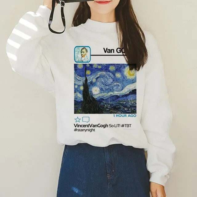 Van Gogh Funny Harajuku Vogue Hoodies Women Autumn Oil Print Warm Aesthetic Ullzang Sweatshirts 90s Van Gone Meme Hoody Female