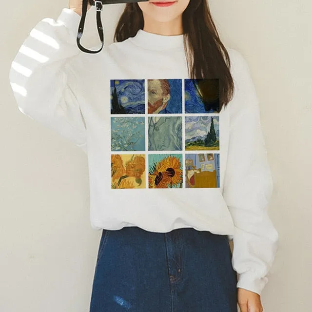 Van Gogh Funny Harajuku Vogue Hoodies Women Autumn Oil Print Warm Aesthetic Ullzang Sweatshirts 90s Van Gone Meme Hoody Female