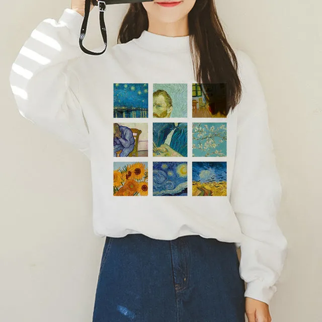 Van Gogh Funny Harajuku Vogue Hoodies Women Autumn Oil Print Warm Aesthetic Ullzang Sweatshirts 90s Van Gone Meme Hoody Female