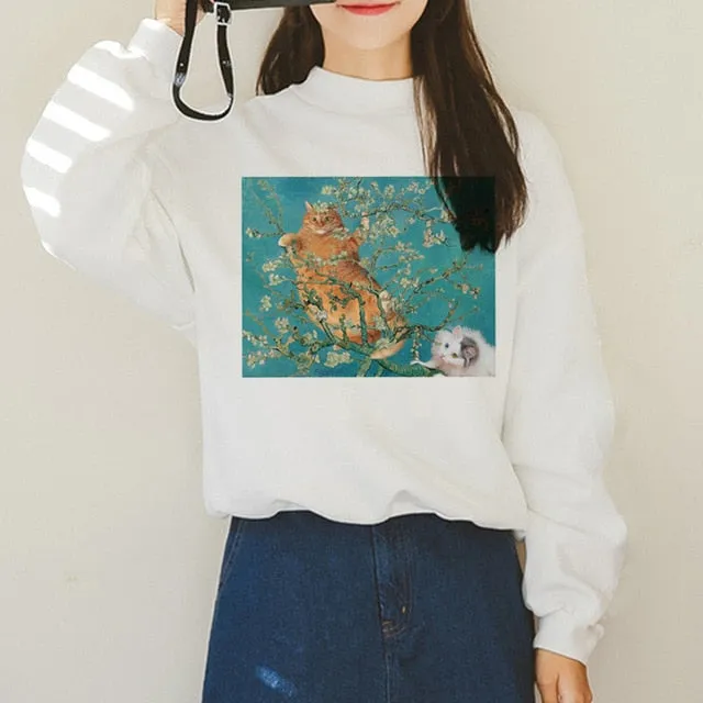 Van Gogh Funny Harajuku Vogue Hoodies Women Autumn Oil Print Warm Aesthetic Ullzang Sweatshirts 90s Van Gone Meme Hoody Female
