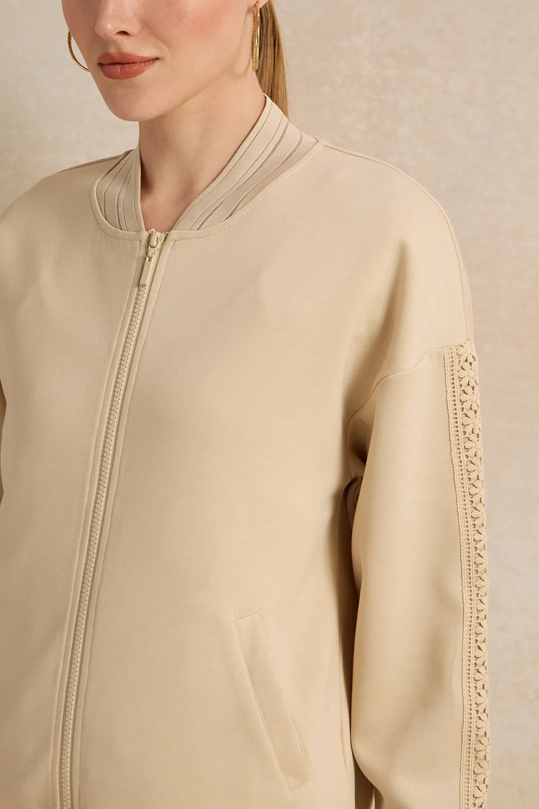 Women Beige Bomber Sweatshirt With Lace Trim
