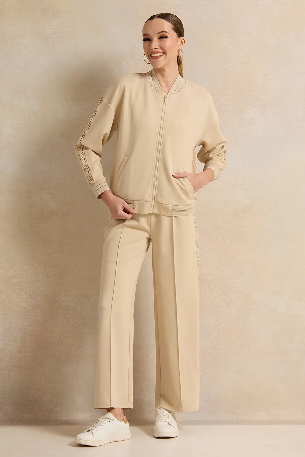 Women Beige Bomber Sweatshirt With Lace Trim