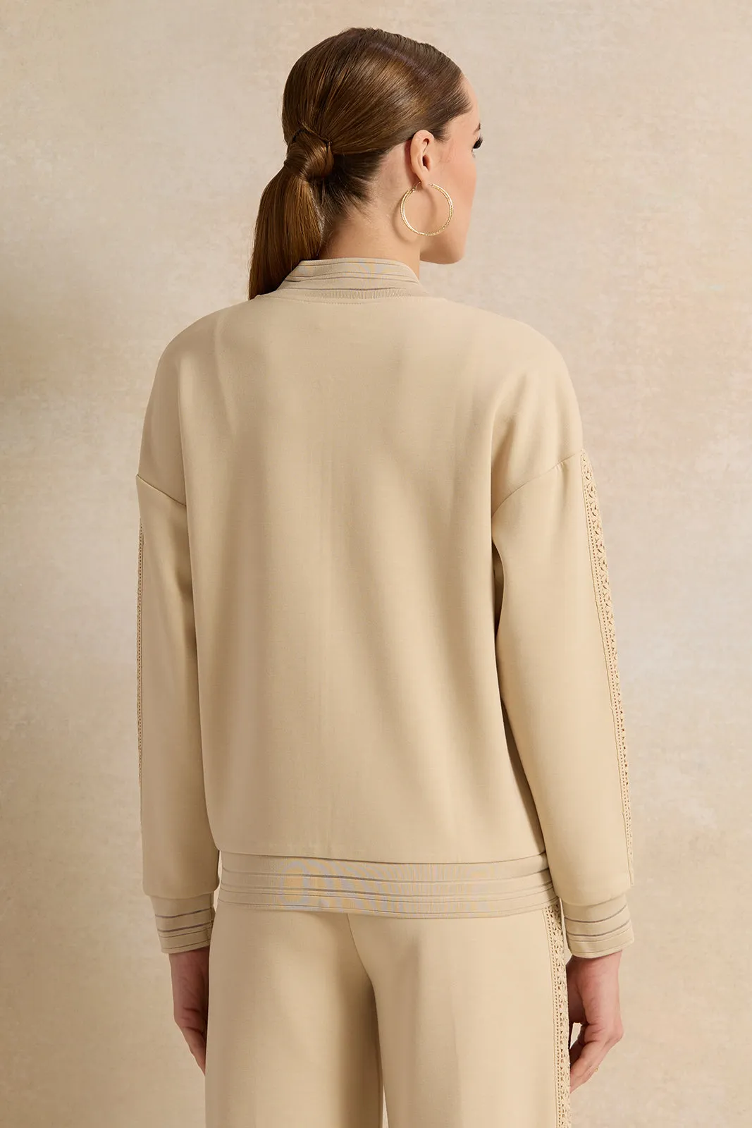 Women Beige Bomber Sweatshirt With Lace Trim