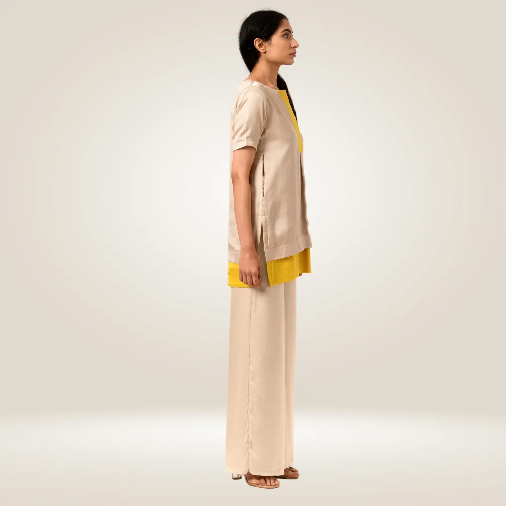 Yellow-Ecru Color Block Co-ord Set | Bemberg Modal | Stylish & Suave