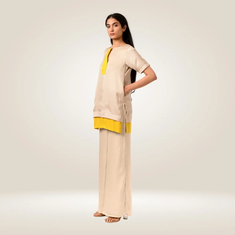 Yellow-Ecru Color Block Co-ord Set | Bemberg Modal | Stylish & Suave