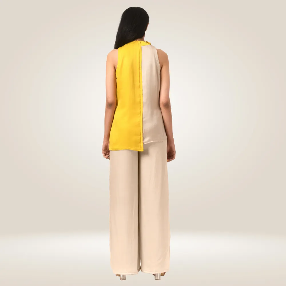 Yellow Ecru Halter Neck Co-ord Set | Bemberg Modal Silk | Sleek Style