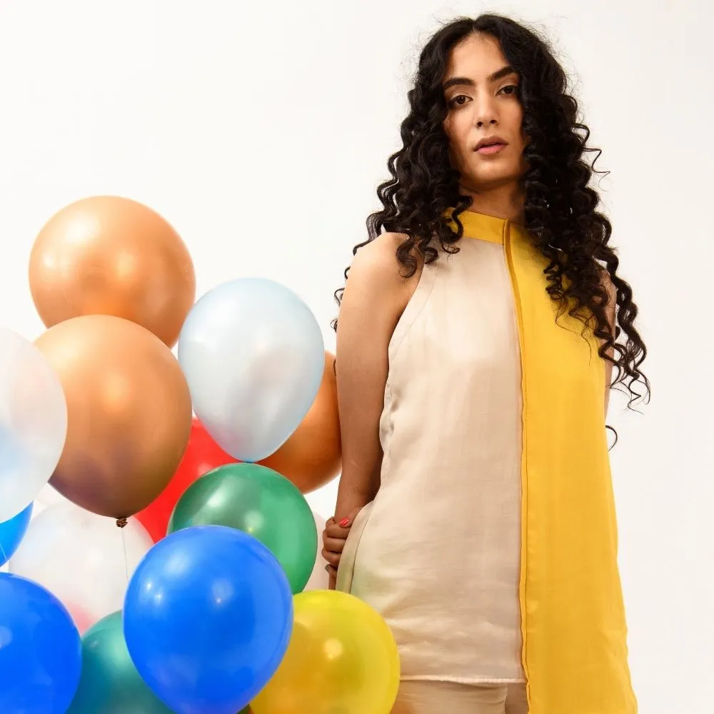 Yellow Ecru Halter Neck Co-ord Set | Bemberg Modal Silk | Sleek Style