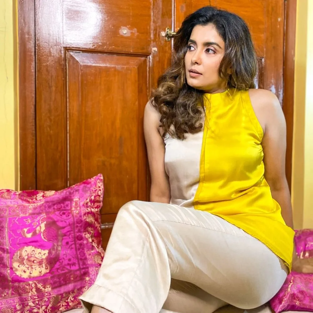 Yellow Ecru Halter Neck Co-ord Set | Bemberg Modal Silk | Sleek Style